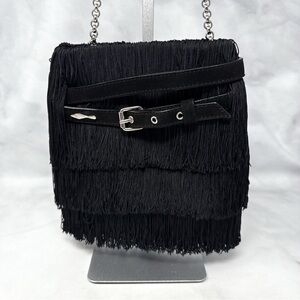 Christian Louboutin Belted Fringe Suede Crossbody Bucket Bag Chain Strap Black